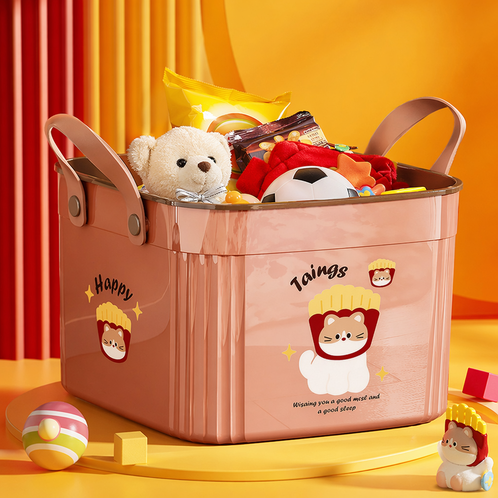 Pink cartoon cat French fries pattern storage box, storage box, desktop organization box, children's stationery storage Specification image