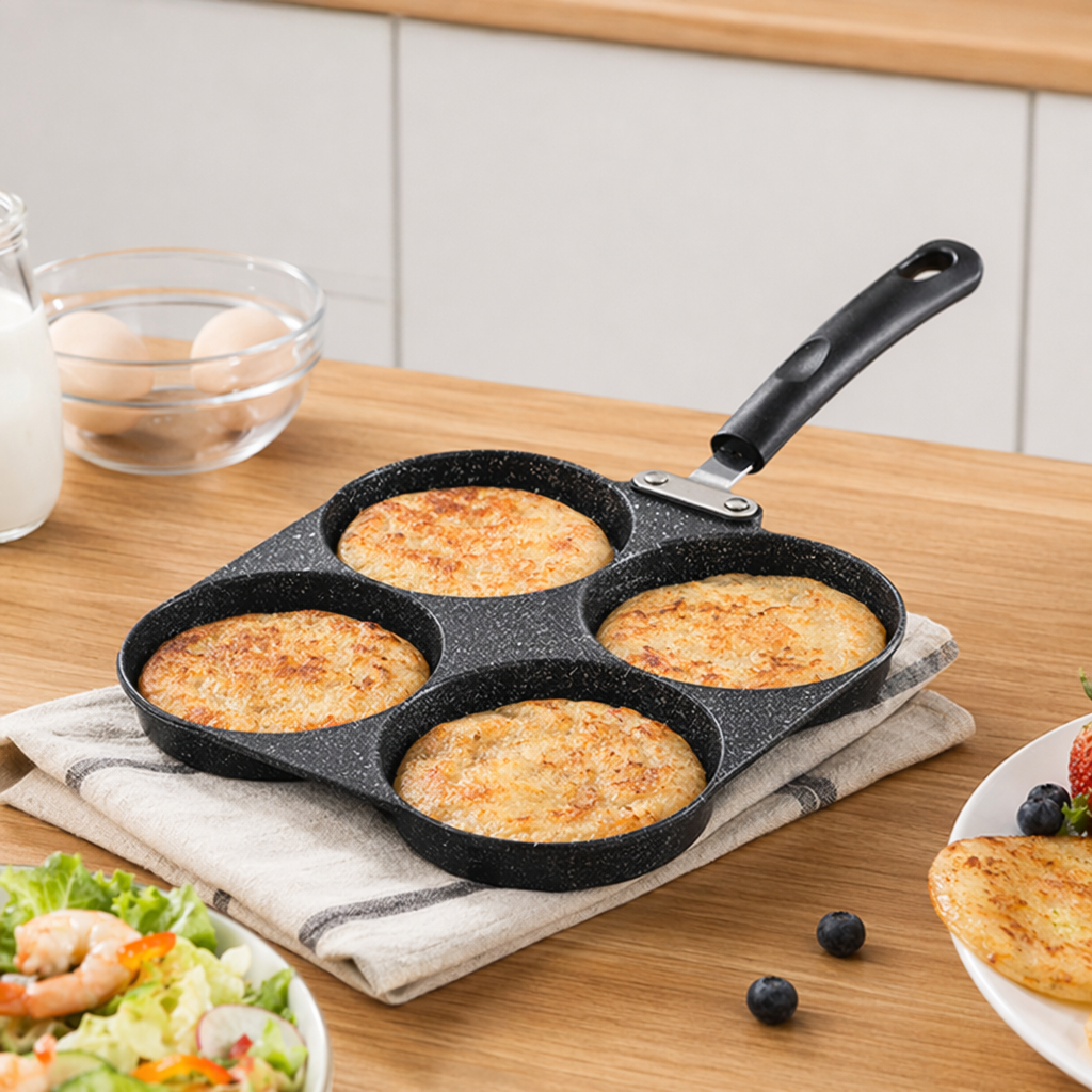 Black four-hole frying pan, household non-stick egg frying pan, multi-functional kitchen cookware details Picture