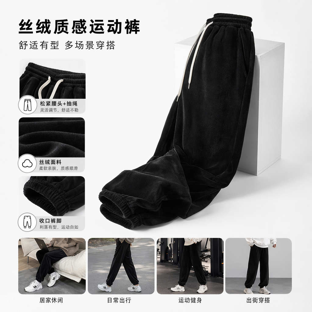 黑色丝绒运动裤 修身显瘦高弹力休闲百搭男女士图