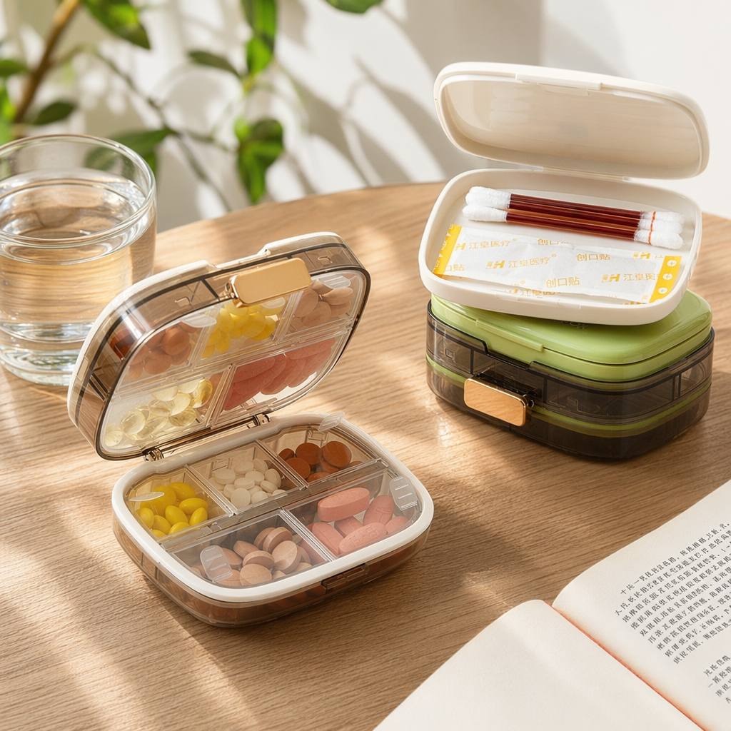 Transparent compartmentalized medicine box with green base and white lid storage box, cotton swab and band-aid set details Picture