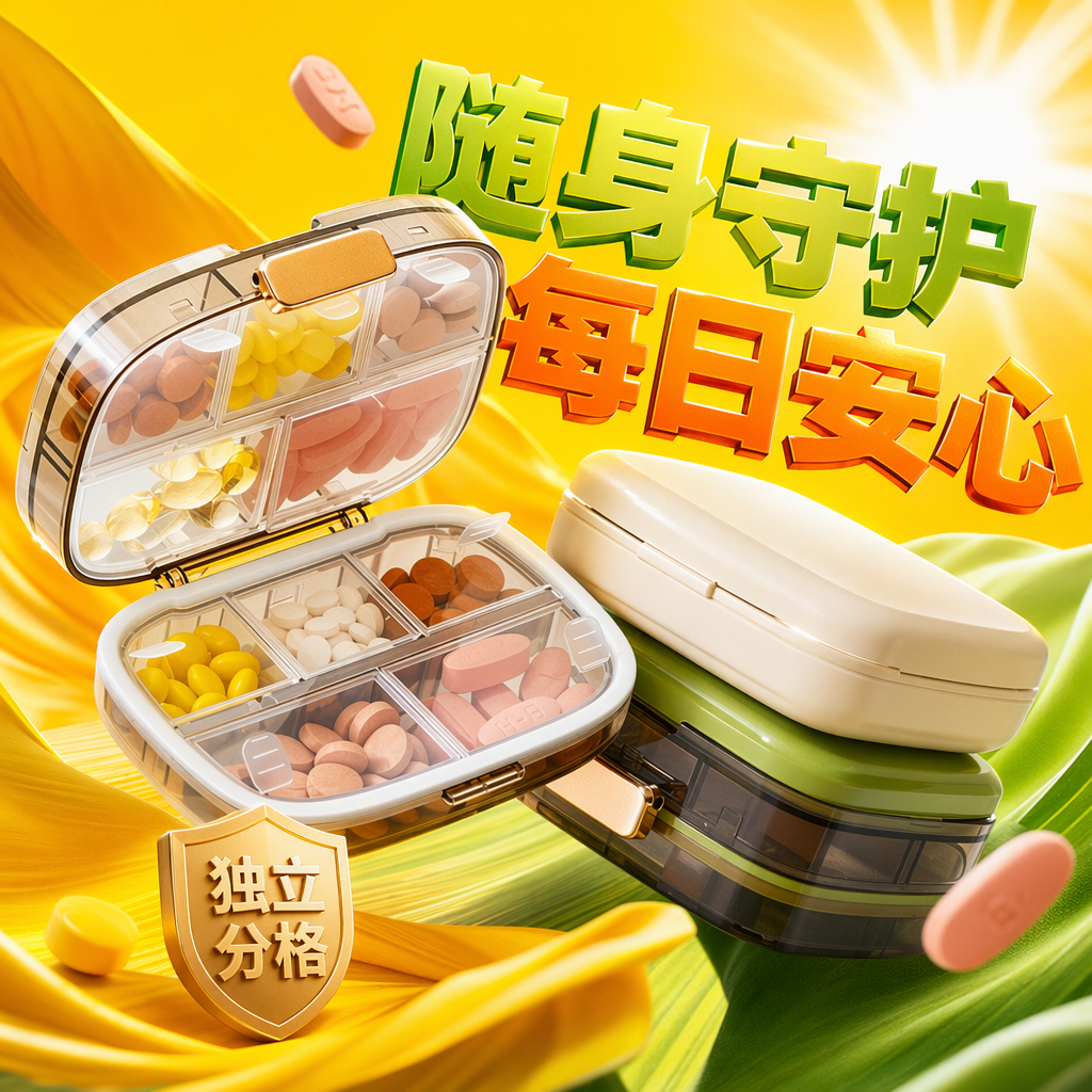 Transparent compartmentalized medicine box with green base and white lid storage box, cotton swab and band-aid set Specification image