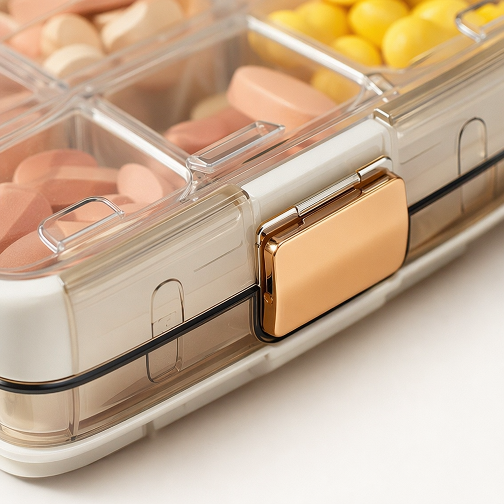 Transparent compartmentalized medicine box with green base and white lid storage box, cotton swab and band-aid set Application Scenario