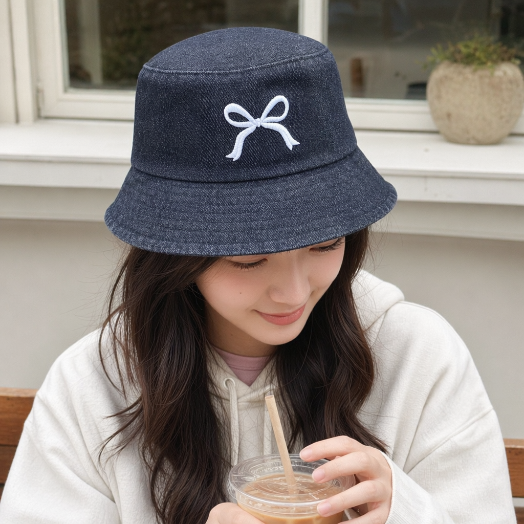Black cowboy fisherman's hat with white bow embroidery on the front details Picture