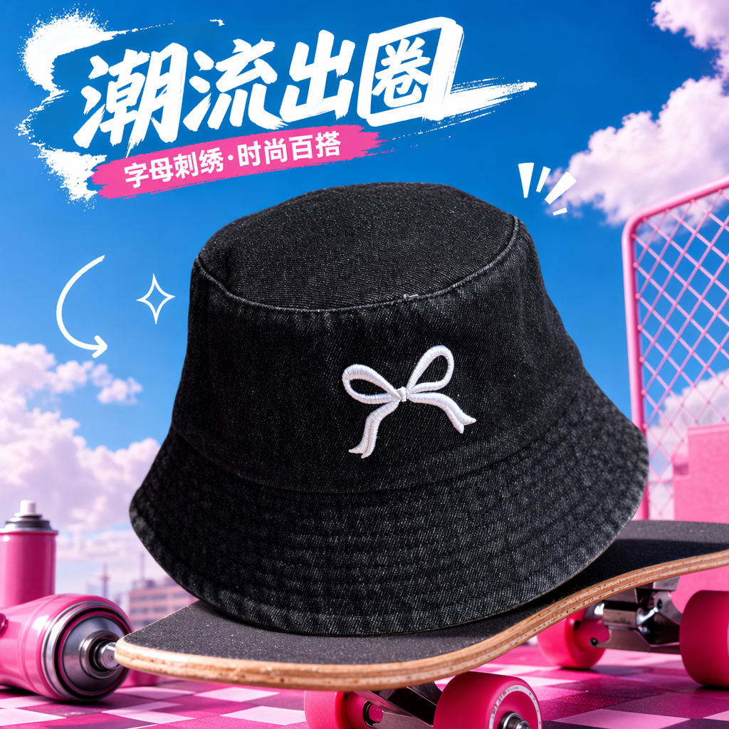 Black cowboy fisherman's hat with white bow embroidery on the front Specification image