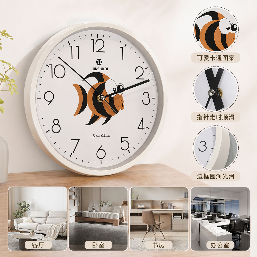 The Jinshilai silent quartz white round wall clock has an orange and black cartoon fish pattern hand in the center of the dial at 10:13