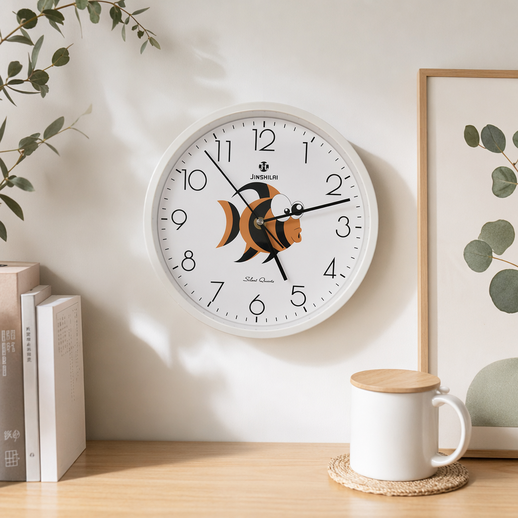 The Jinshilai silent quartz white round wall clock has an orange and black cartoon fish pattern hand in the center of the dial at 10:13 details Picture