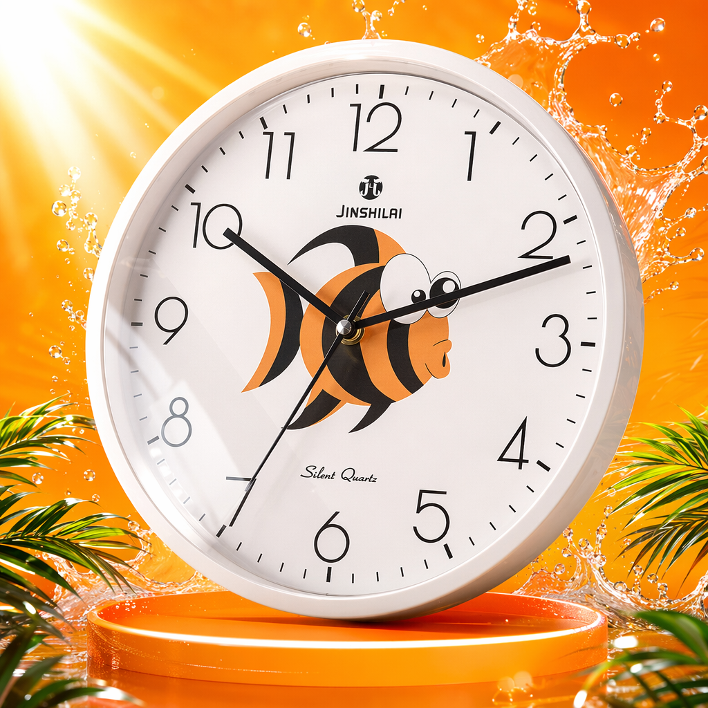 The Jinshilai silent quartz white round wall clock has an orange and black cartoon fish pattern hand in the center of the dial at 10:13 Specification image