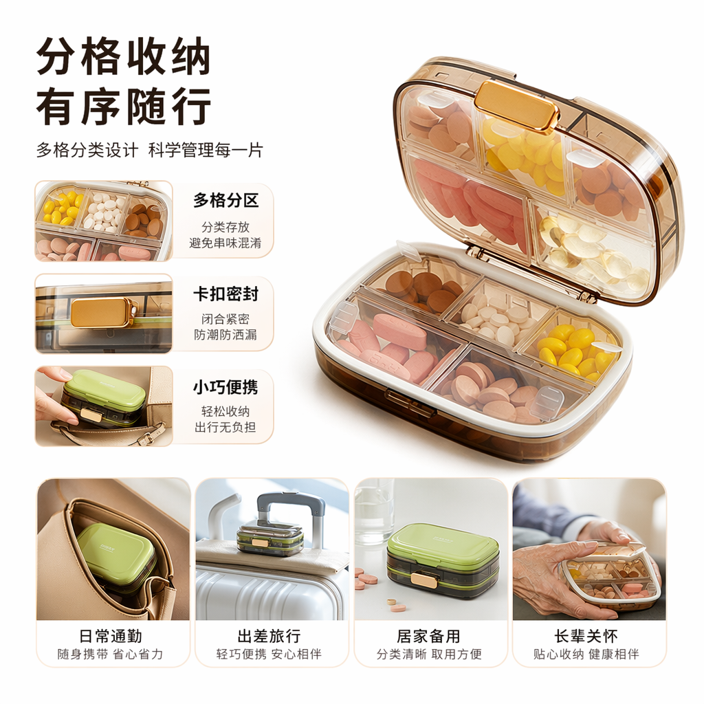 透明分格药盒配绿底白盖收纳盒含棉签创口贴多色药片