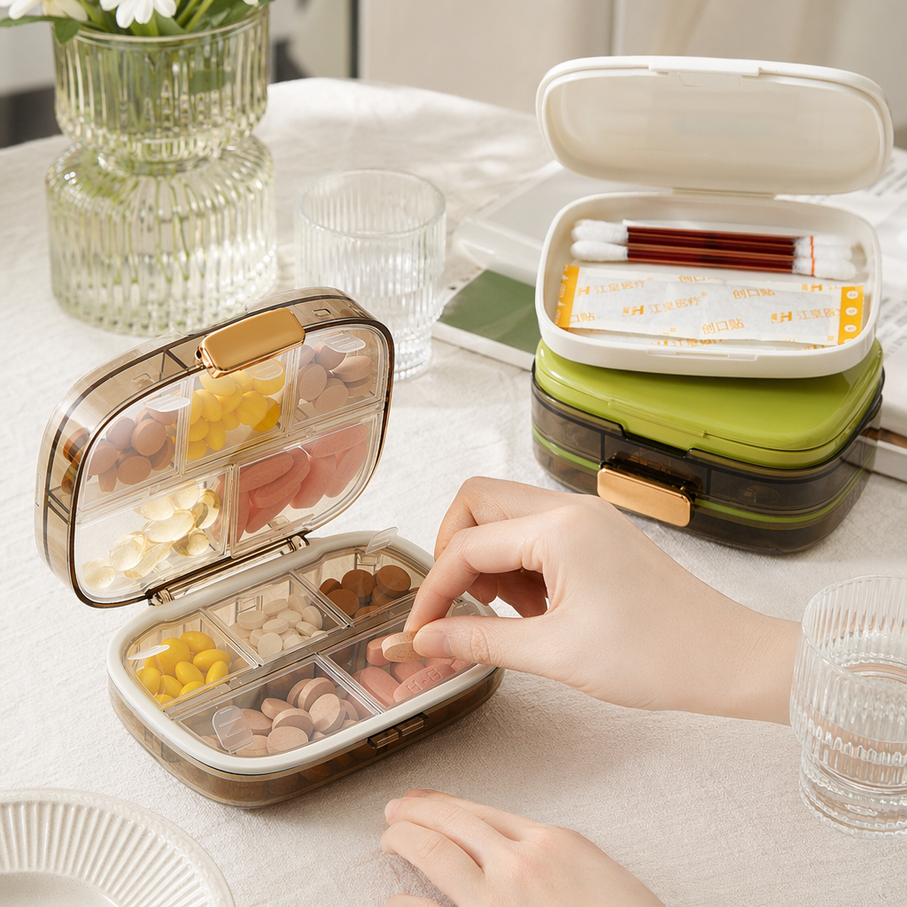 The transparent compartmented medicine box with a green background and white lid storage box contains cotton swabs, band-aids and multi-color tablets details Picture