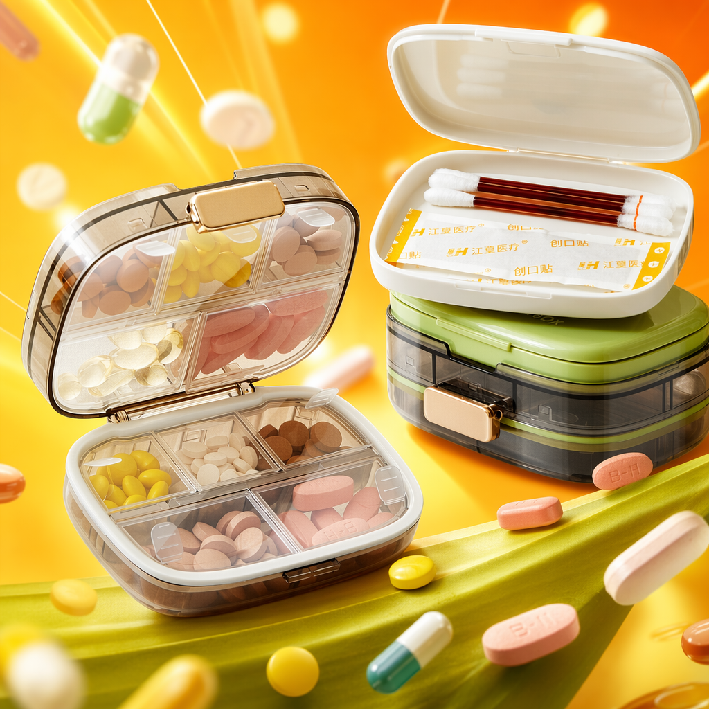 The transparent compartmented medicine box with a green background and white lid storage box contains cotton swabs, band-aids and multi-color tablets Specification image