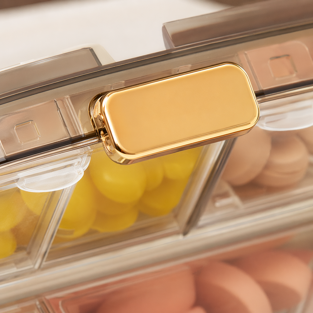The transparent compartmented medicine box with a green background and white lid storage box contains cotton swabs, band-aids and multi-color tablets Application Scenario