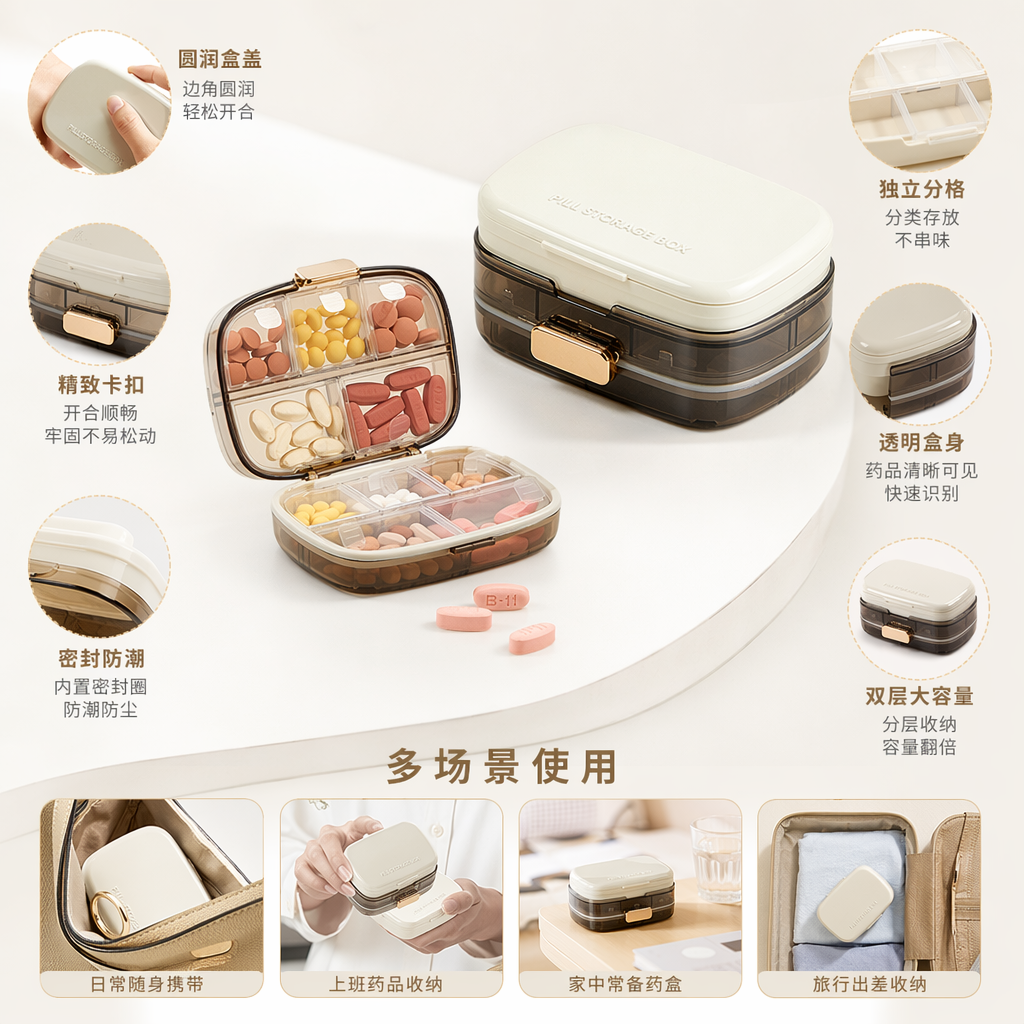 白色透明分格手握式便携药盒 开盖便捷 容量适中