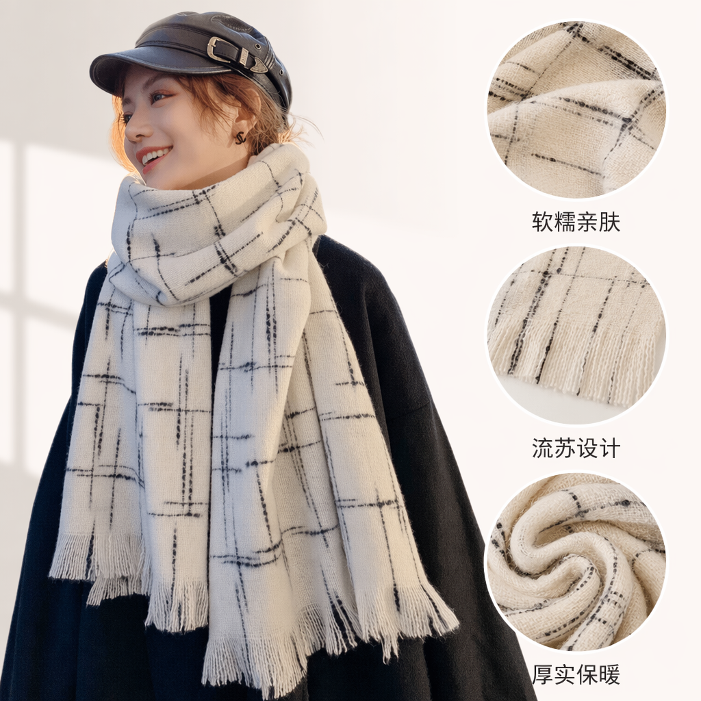Beige checkered tassel scarf for warm autumn and winter, pure cotton knitted, fashionable and versatile for women