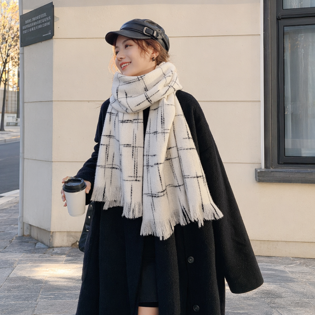 Beige checkered tassel scarf for warm autumn and winter, pure cotton knitted, fashionable and versatile for women details Picture