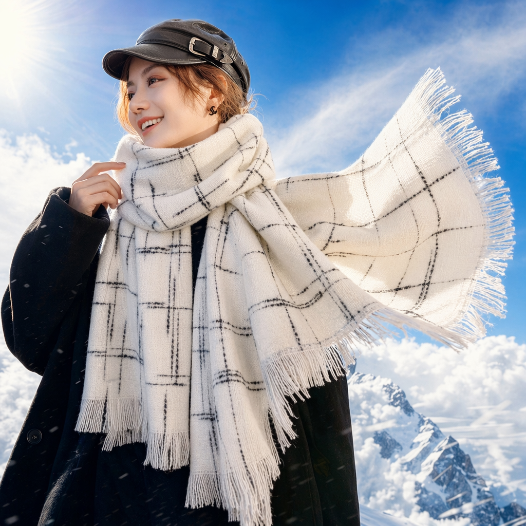 Beige checkered tassel scarf for warm autumn and winter, pure cotton knitted, fashionable and versatile for women Specification image