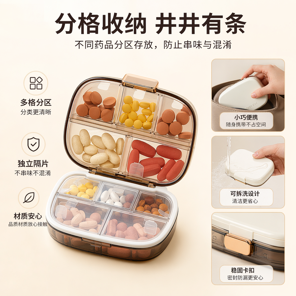 White portable transparent compartments for hand operation medicine box