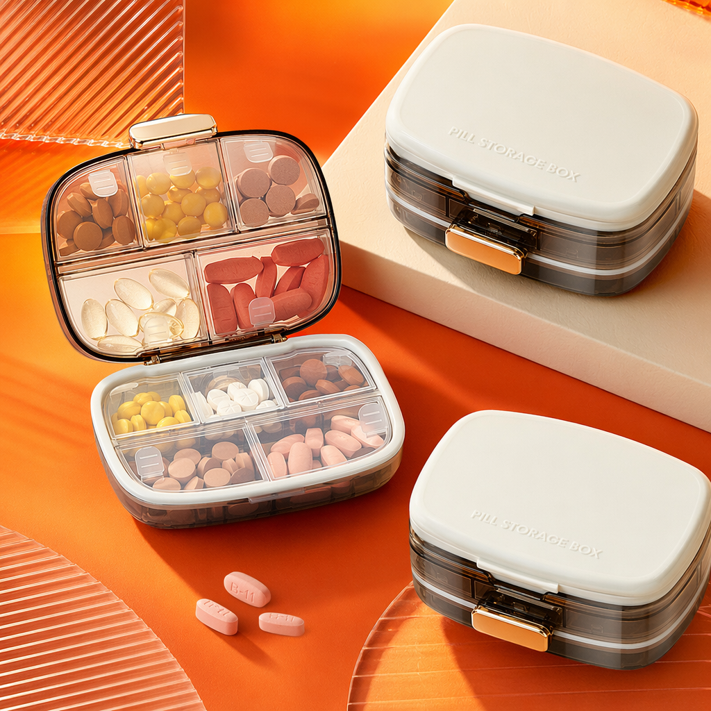 White portable transparent compartments for hand operation medicine box Specification image