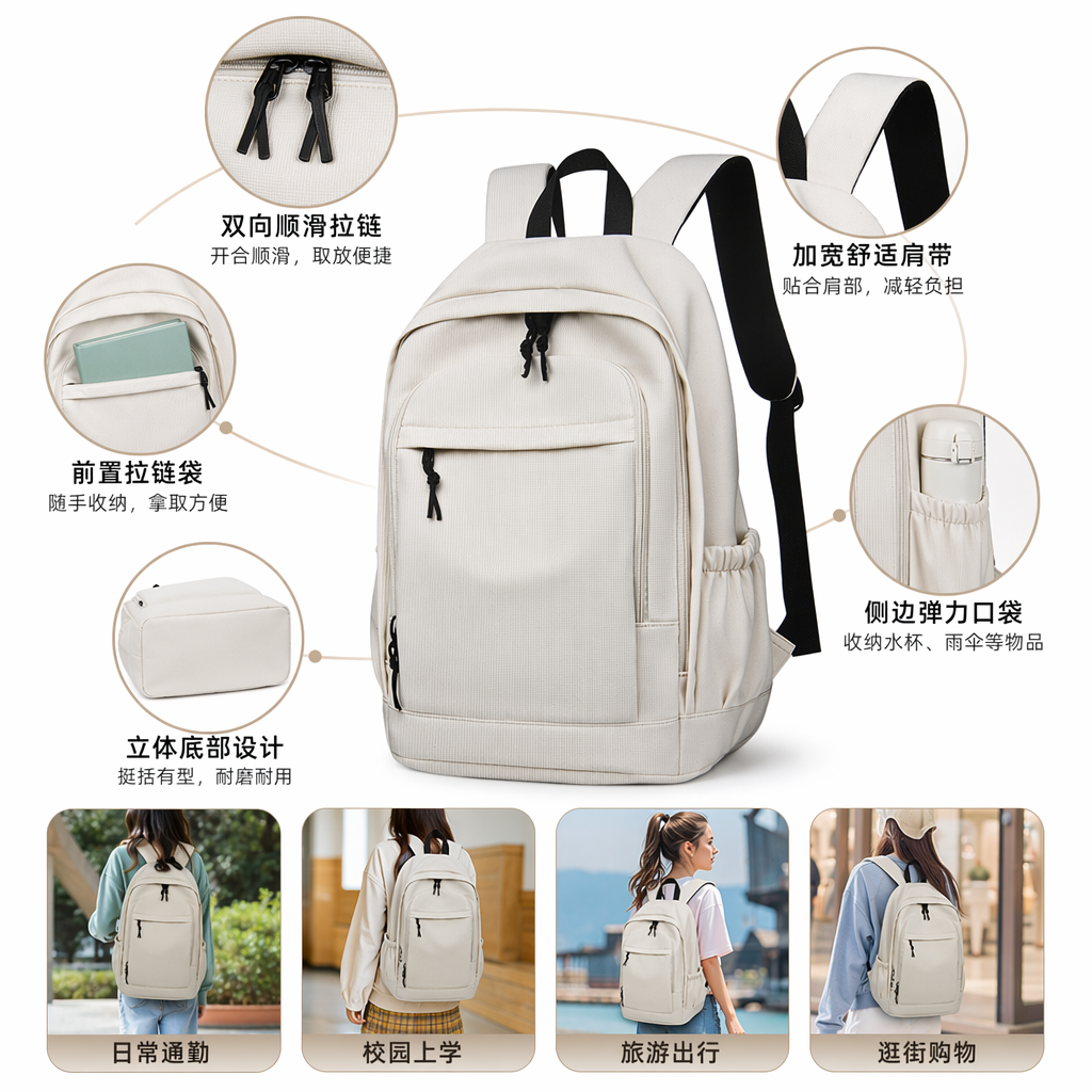 White nylon waterproof backpack for commuting to school, lightweight, large capacity, simple design
