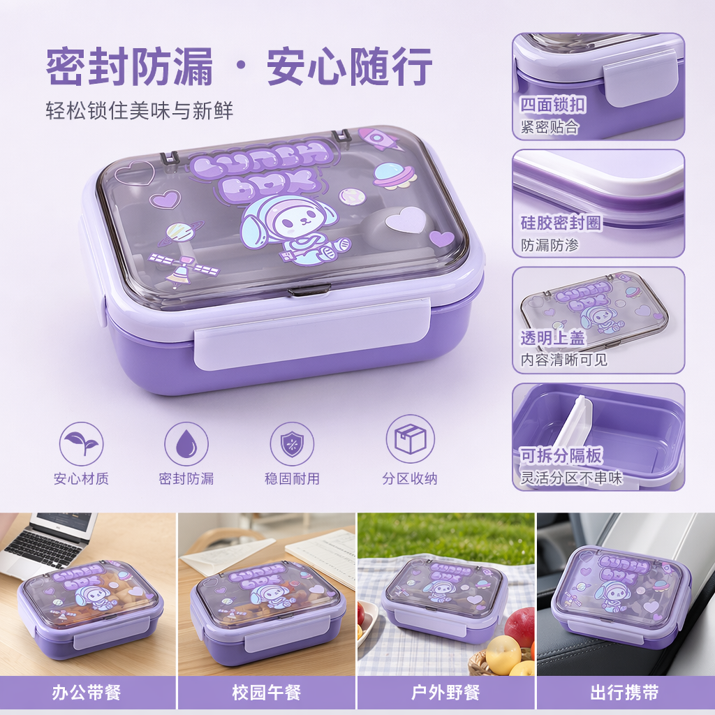 Purple cartoon children's lunch box portable sealed lunch box