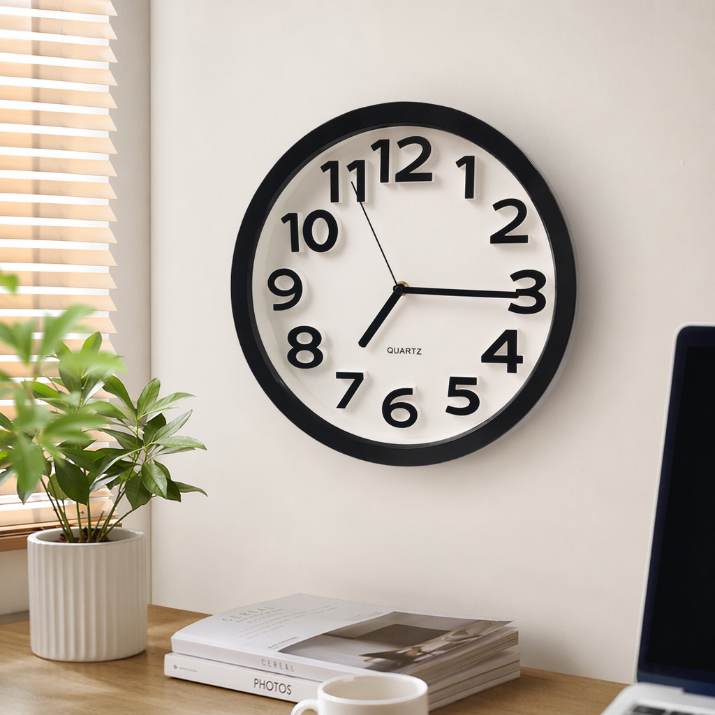 Black frame, white dial, simple wall clock, silent bedroom and living room decoration details Picture