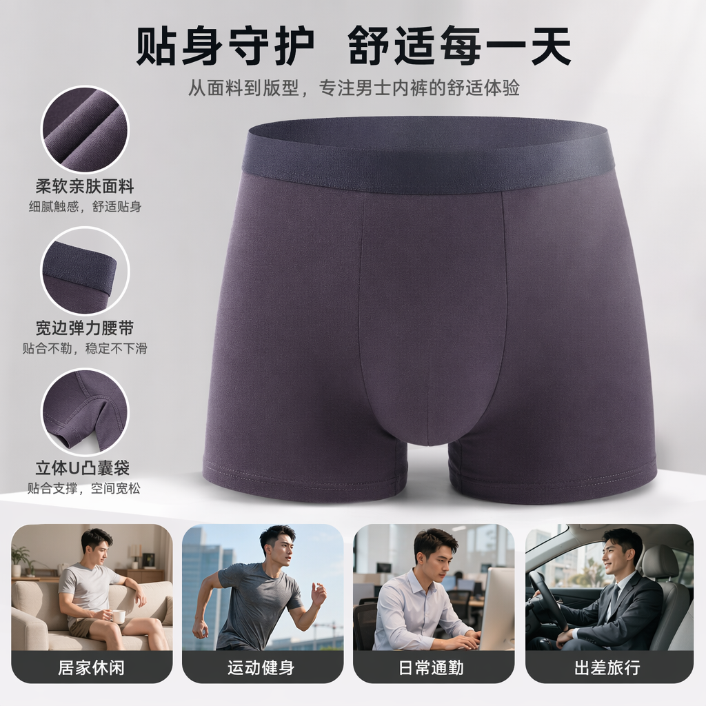 Dark grey pure cotton men's underwear with flat corners, comfortable and breathable basic style