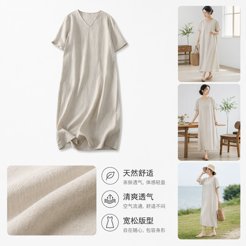 米色V领短袖连衣裙女夏季纯棉简约修身显瘦