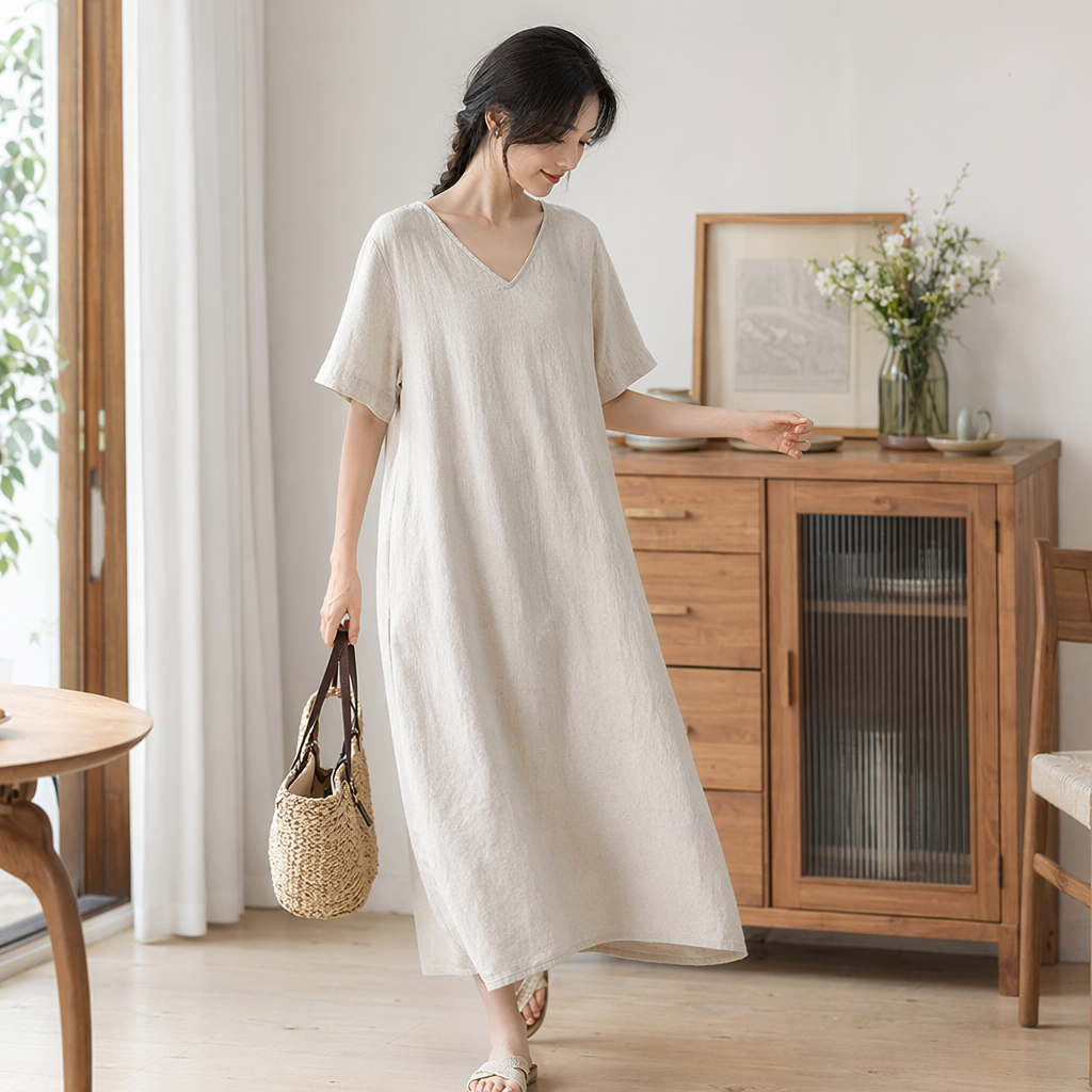 Beige V-neck short-sleeved dress for women in summer, pure cotton, simple and slimming details Picture