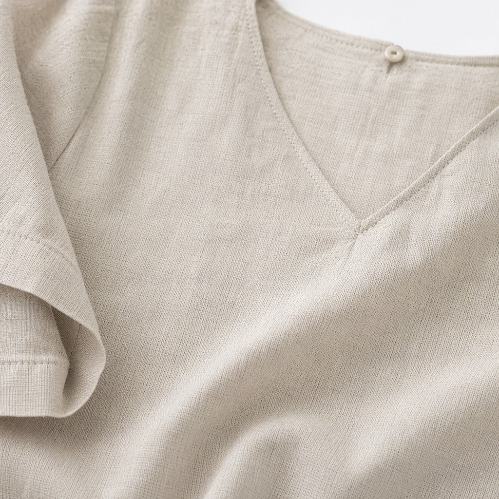 Beige V-neck short-sleeved dress for women in summer, pure cotton, simple and slimming Application Scenario