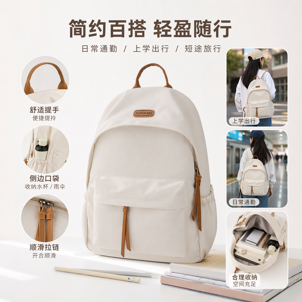 This white backpack is simple and versatile. It's a lightweight, large-capacity, fashionable and casual backpack for students' commuting