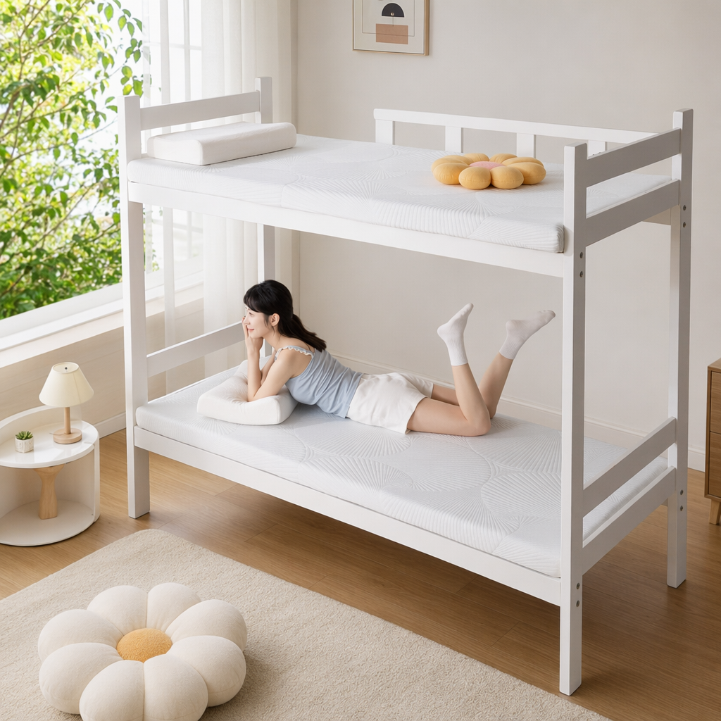 A white bunk bed with a mattress and pillow, a female lower bunk for rest, a transparent small table with small house ornaments details Picture
