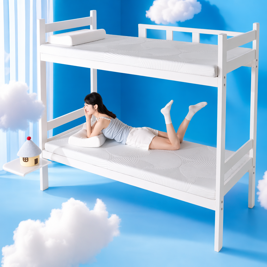 A white bunk bed with a mattress and pillow, a female lower bunk for rest, a transparent small table with small house ornaments Specification image
