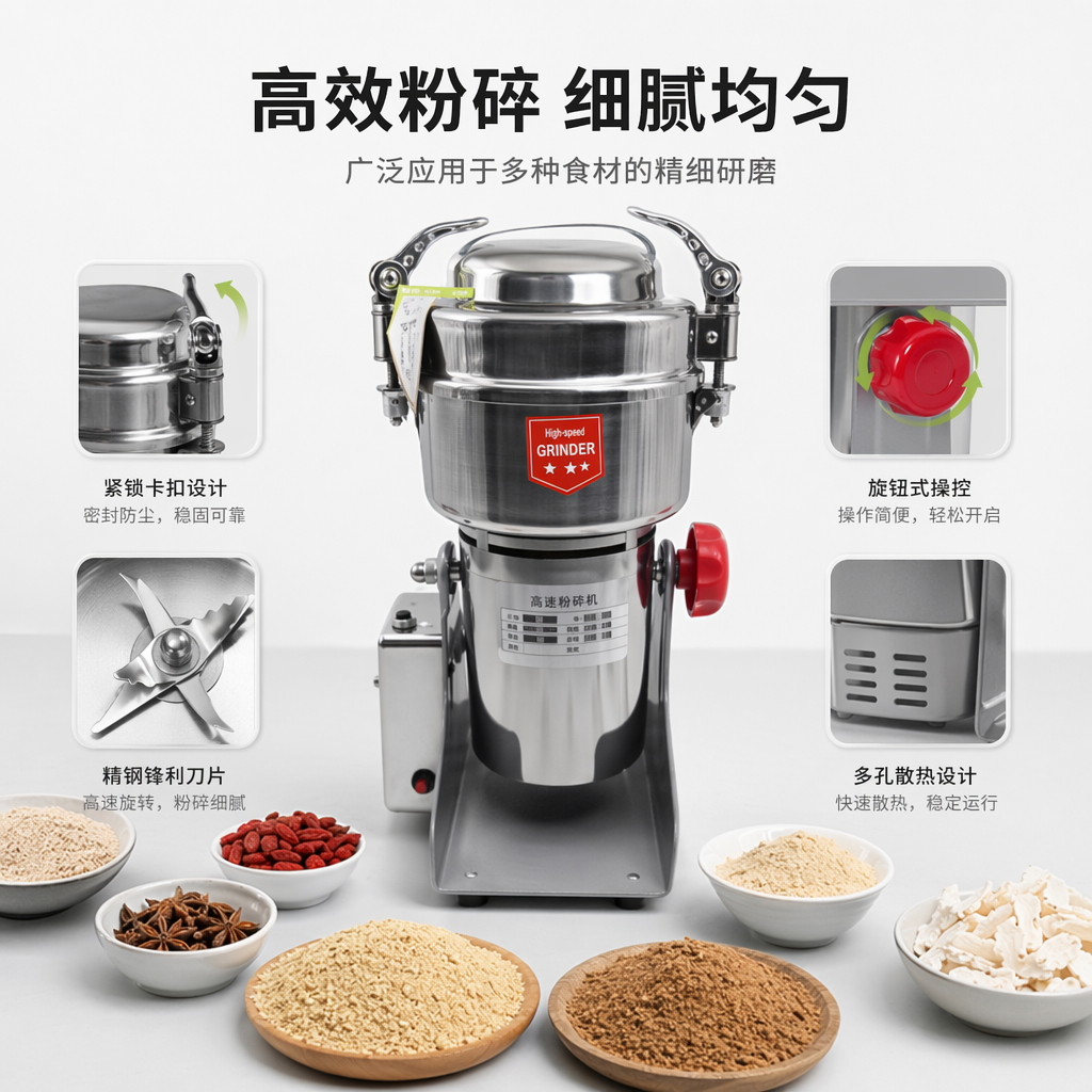 银色金属磨粉机家用小型研磨粉碎机不锈钢材质