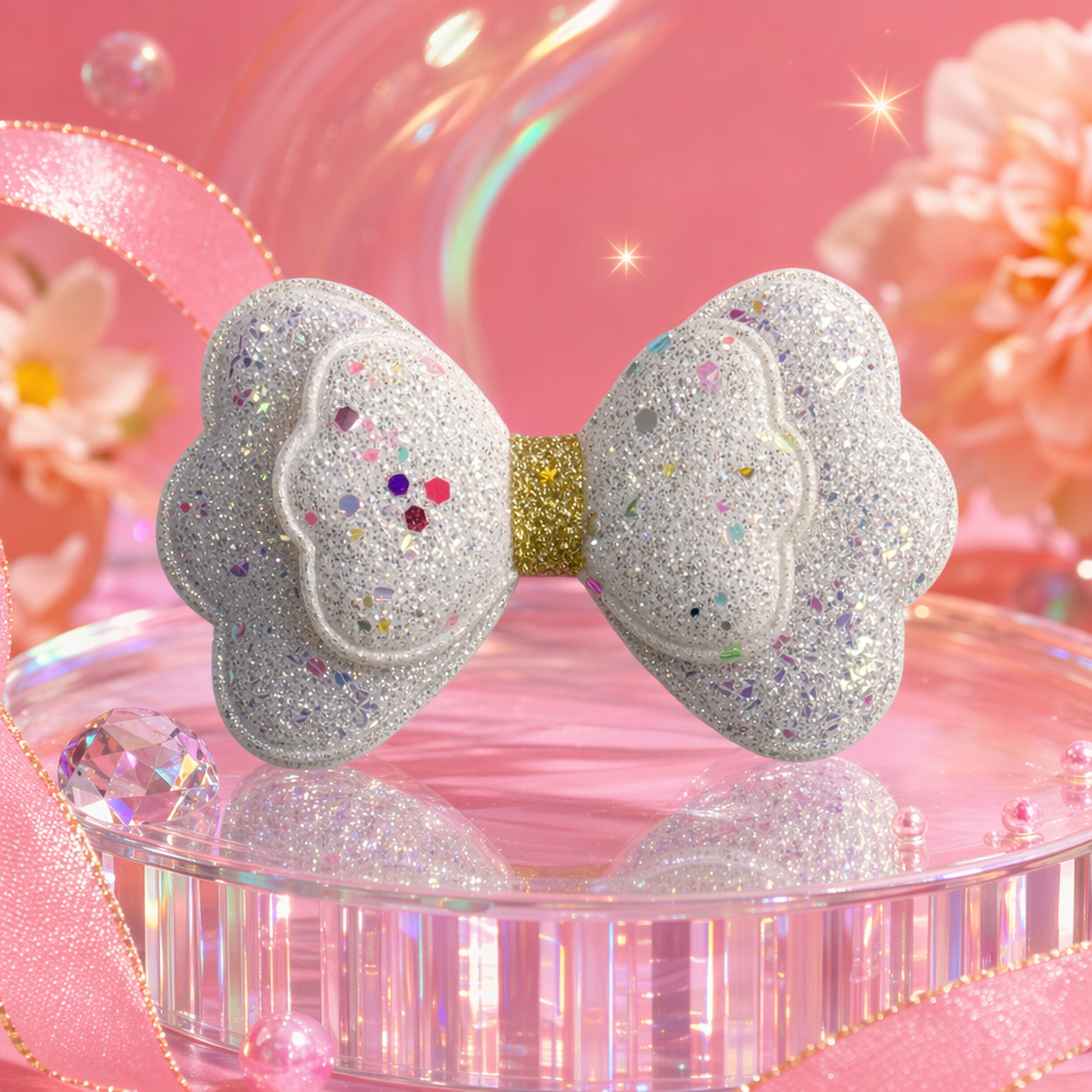 White glitter pink bow hair clips, sweet and girlish headwear, cute and versatile accessories Specification image