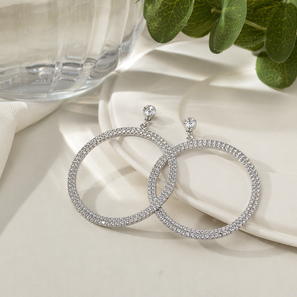 Silver S925 sterling silver diamond-encrusted circular earrings, light luxury daily commuting accessories, earrings and earrings, vintage accessories details Picture