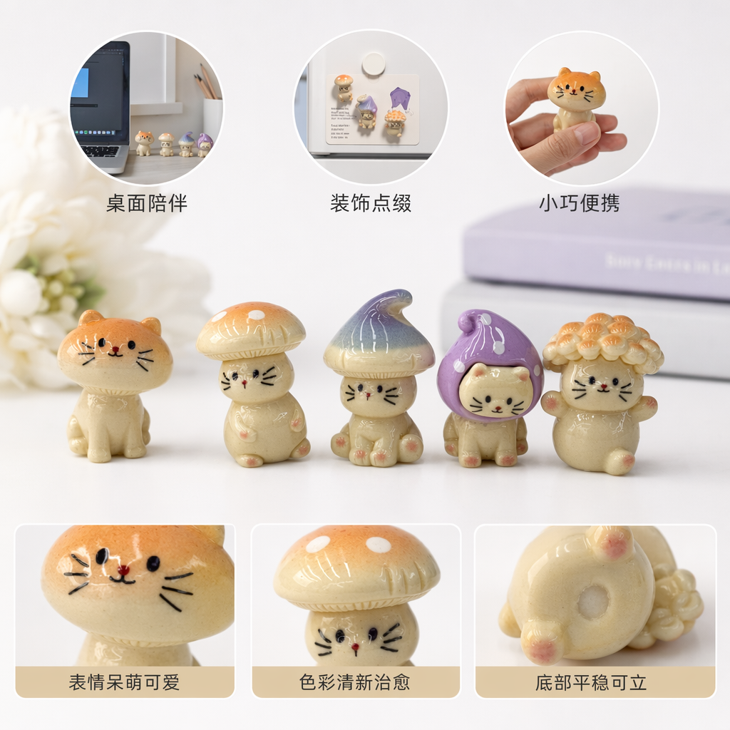 五只奶油色小猫摆件 坐姿可爱 橙白渐变蓝紫紫色波点橙色头饰 浅紫孔洞板背景