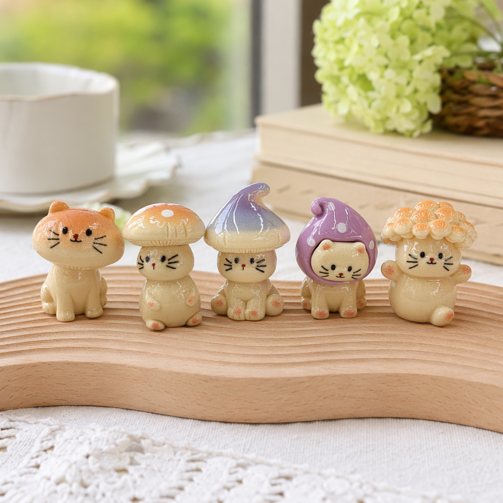 Five cream-colored kitten figurines in a cute sitting position. Orange and white gradient, blue and purple, purple polka dots, orange headwear, light purple perforated board background details Picture