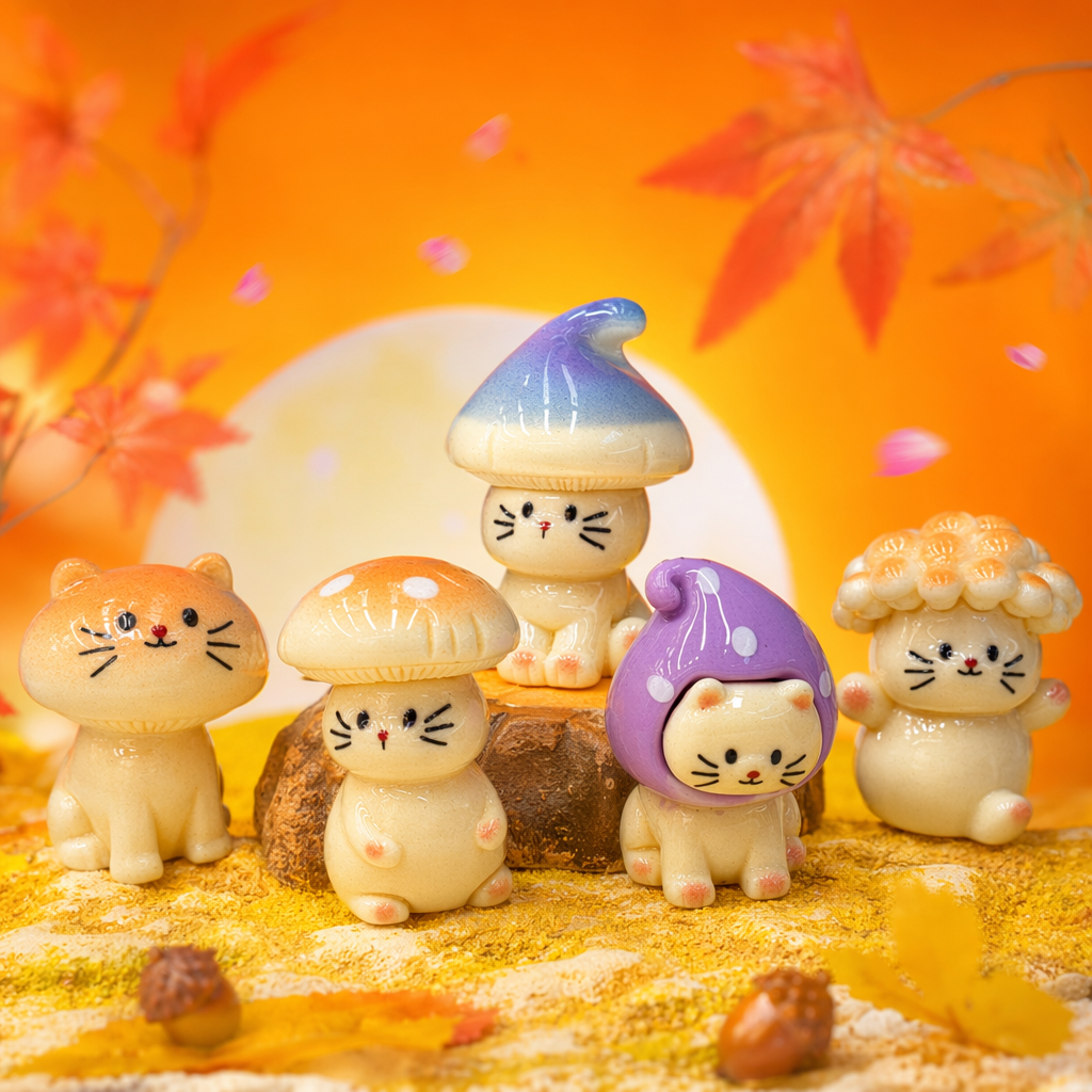 Five cream-colored kitten figurines in a cute sitting position. Orange and white gradient, blue and purple, purple polka dots, orange headwear, light purple perforated board background Specification image