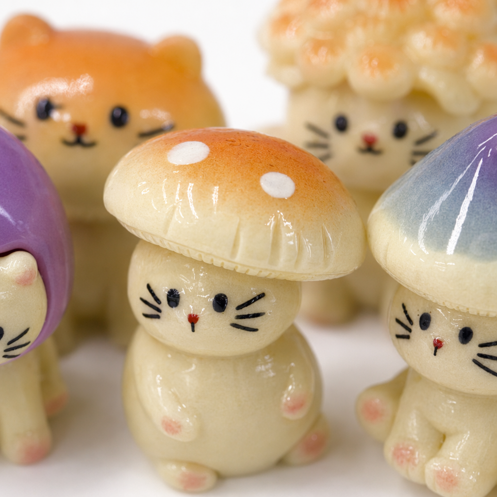Five cream-colored kitten figurines in a cute sitting position. Orange and white gradient, blue and purple, purple polka dots, orange headwear, light purple perforated board background Application Scenario