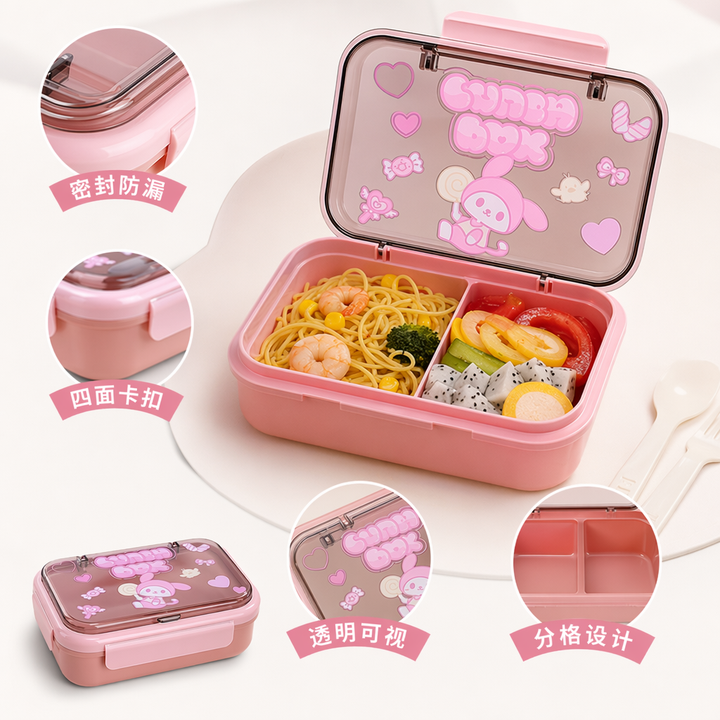 粉色卡通儿童餐盒便携式密封饭盒可爱少女心午餐盒