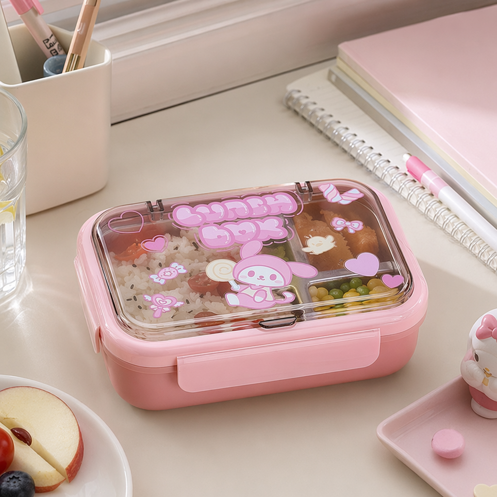 Pink cartoon children's lunch box, portable sealed lunch box, cute and girlish lunch box details Picture