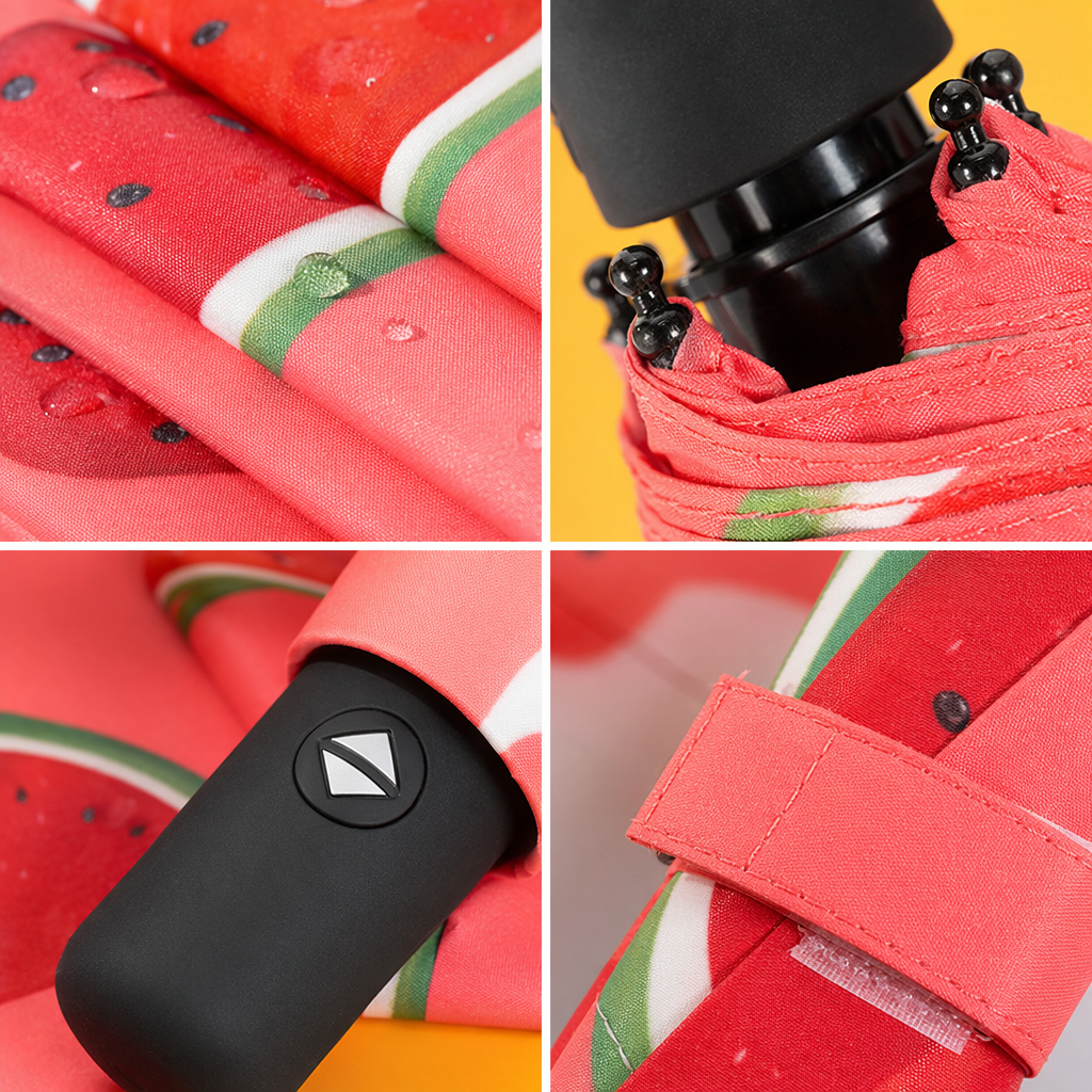 A red watermelon-patterned umbrella for sun protection and rain protection Application Scenario