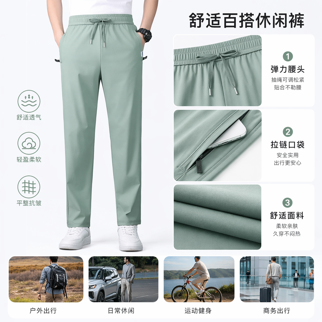 浅绿色休闲裤男款宽松直筒夏季薄款百搭