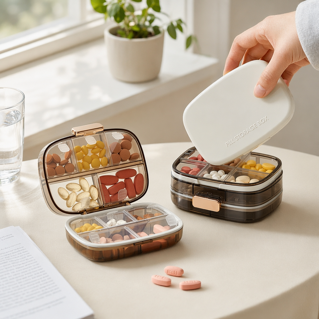 The white transparent compartments portable medicine box features a hand-operated opening and closing design details Picture