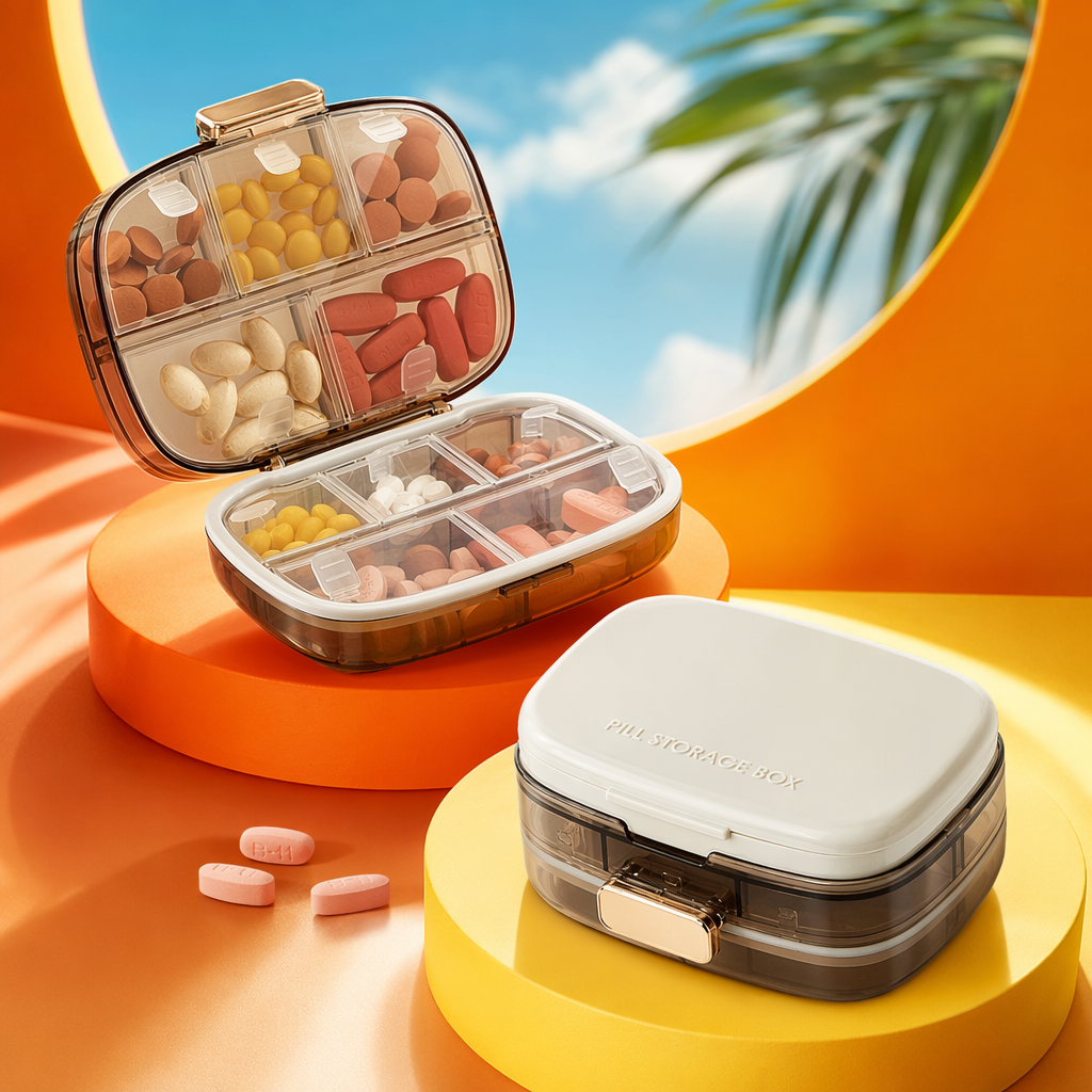 The white transparent compartments portable medicine box features a hand-operated opening and closing design Specification image