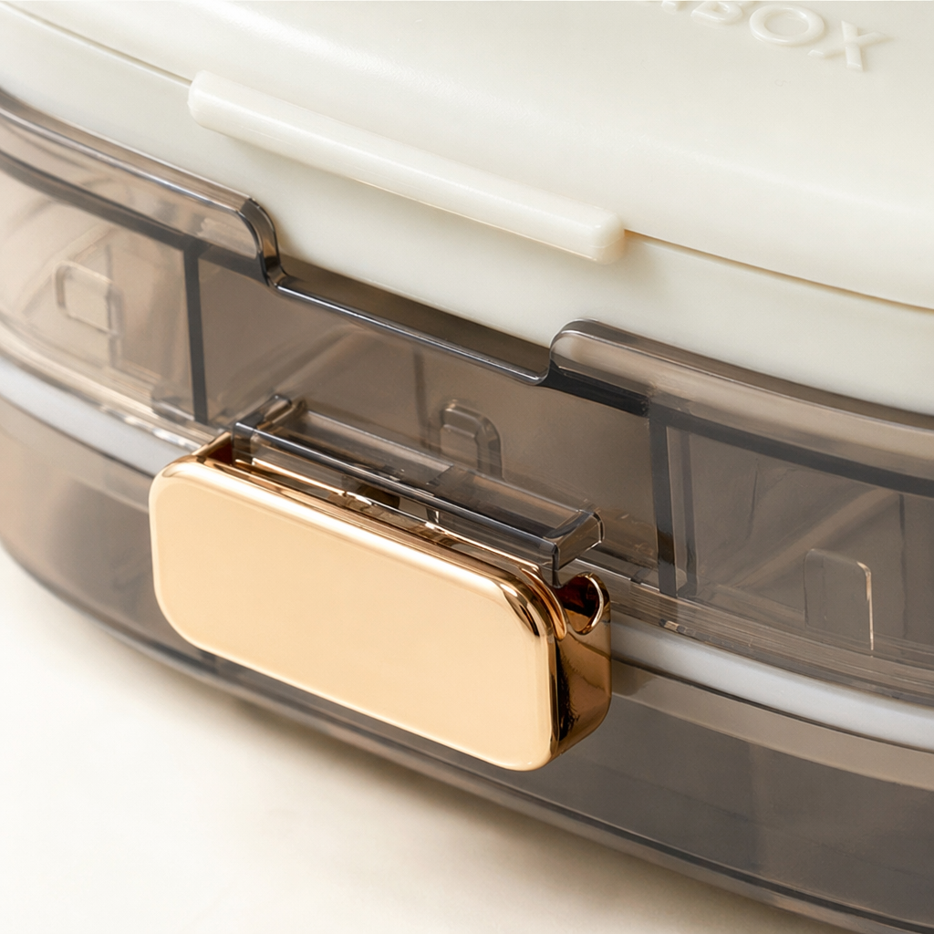 The white transparent compartments portable medicine box features a hand-operated opening and closing design Application Scenario