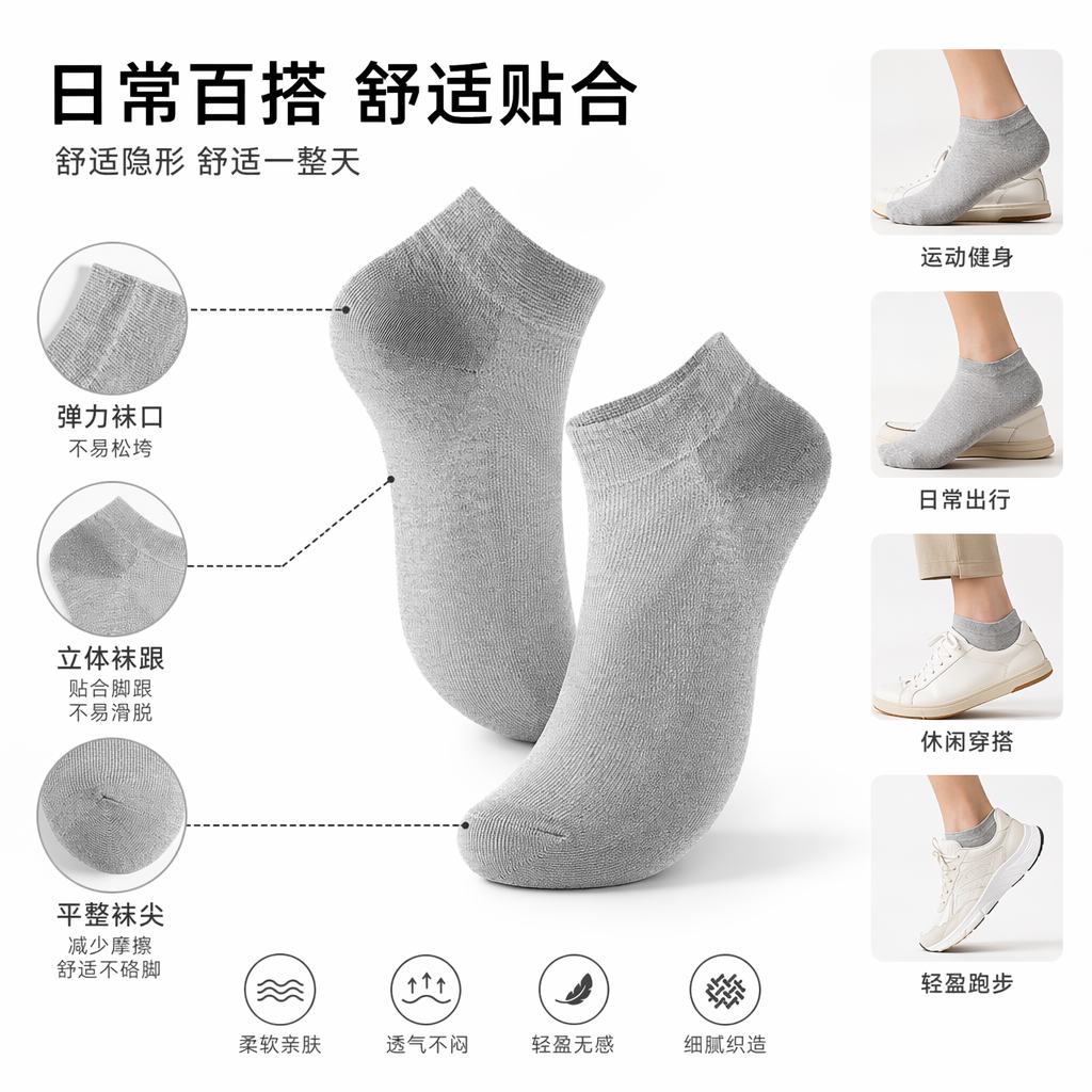 浅灰色网眼透气夏薄款短筒棉袜