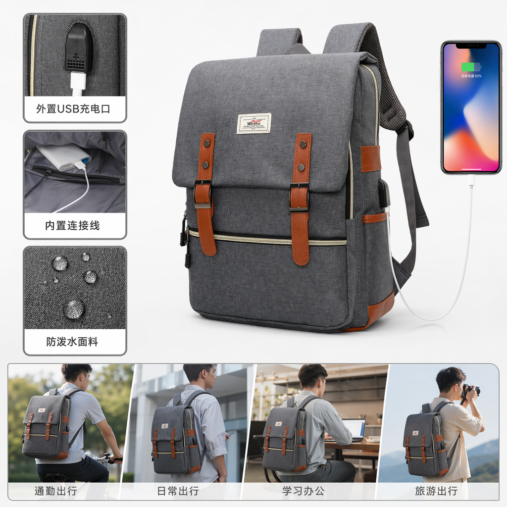 灰色双肩包配棕色皮质扣件拉链侧面USB充电口