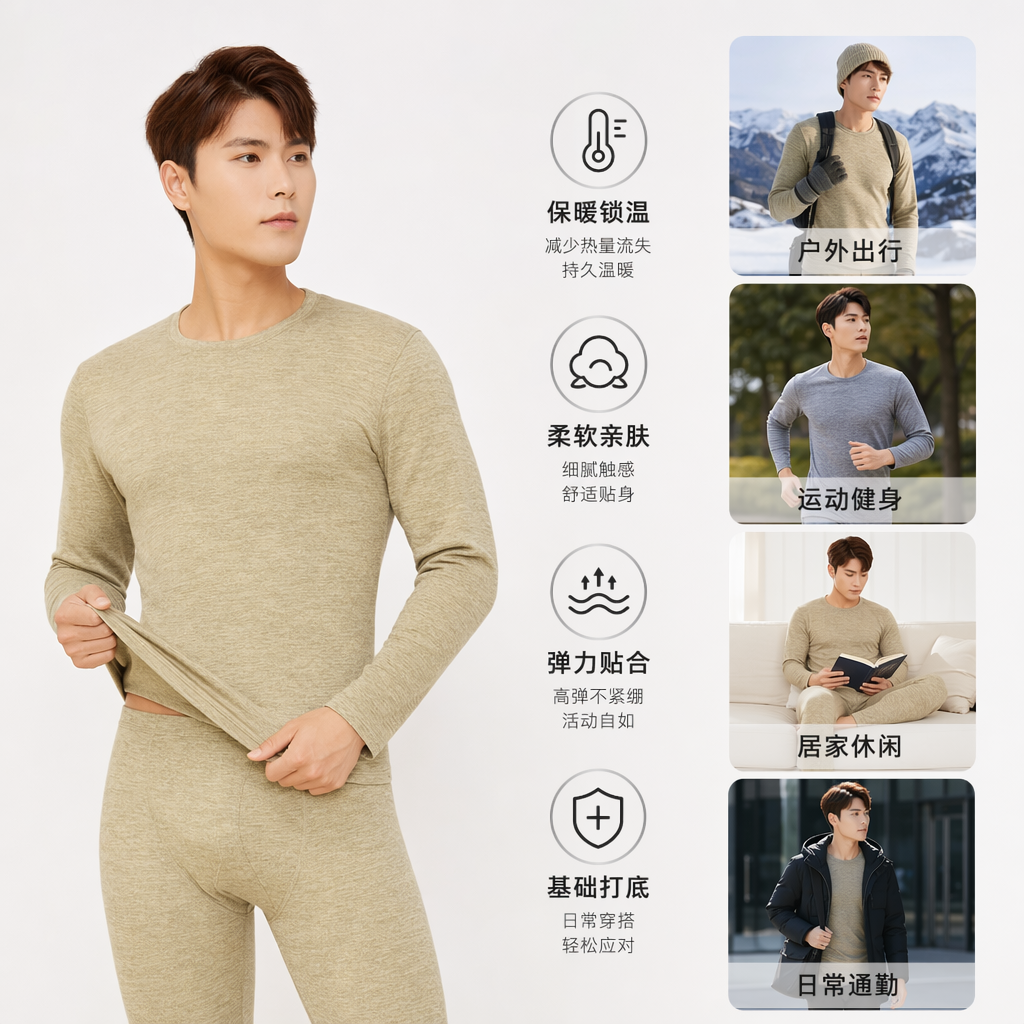 浅绿色长袖保暖衣套装男模特同款