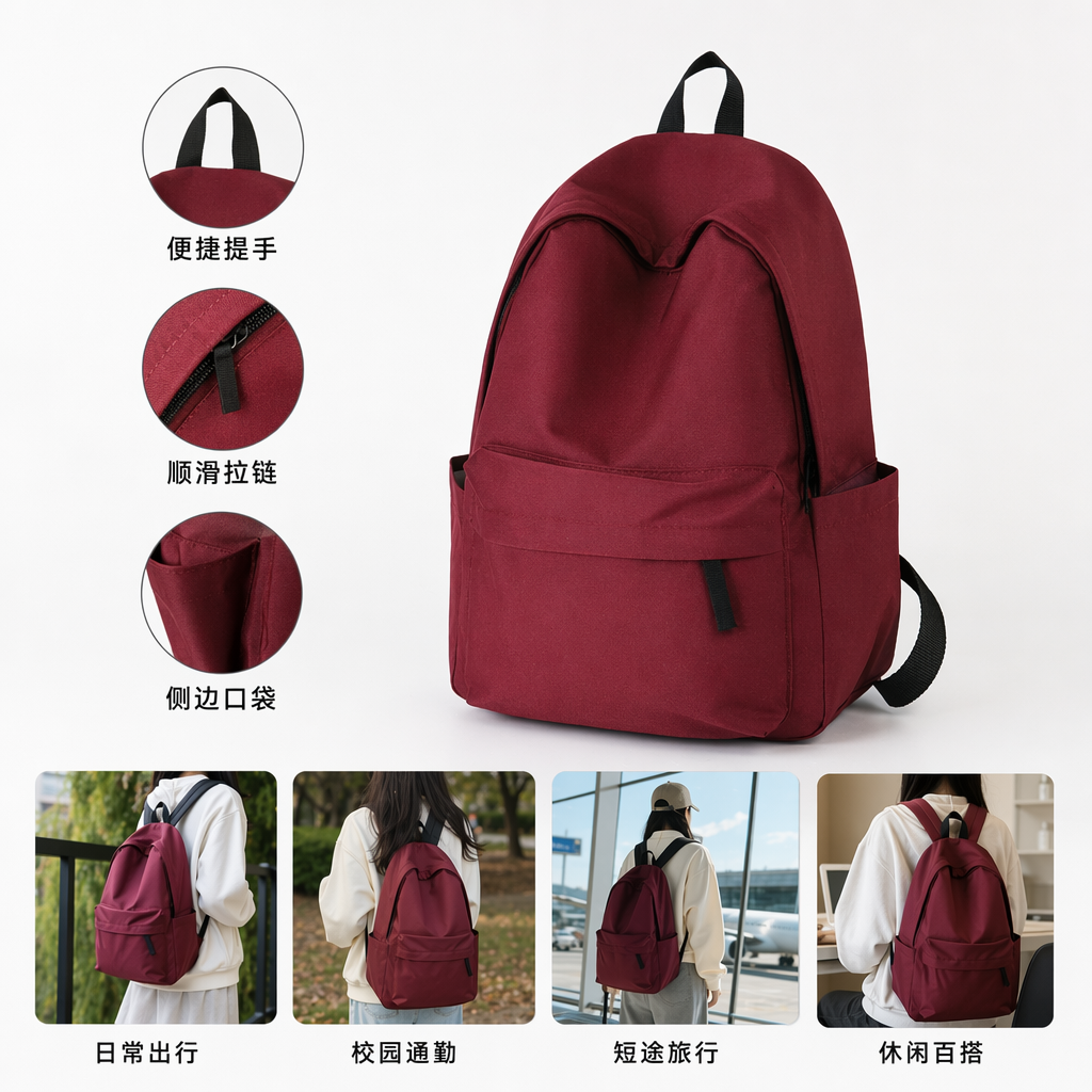 Red fashionable casual backpack, lightweight and large-capacity student commuting travel bag