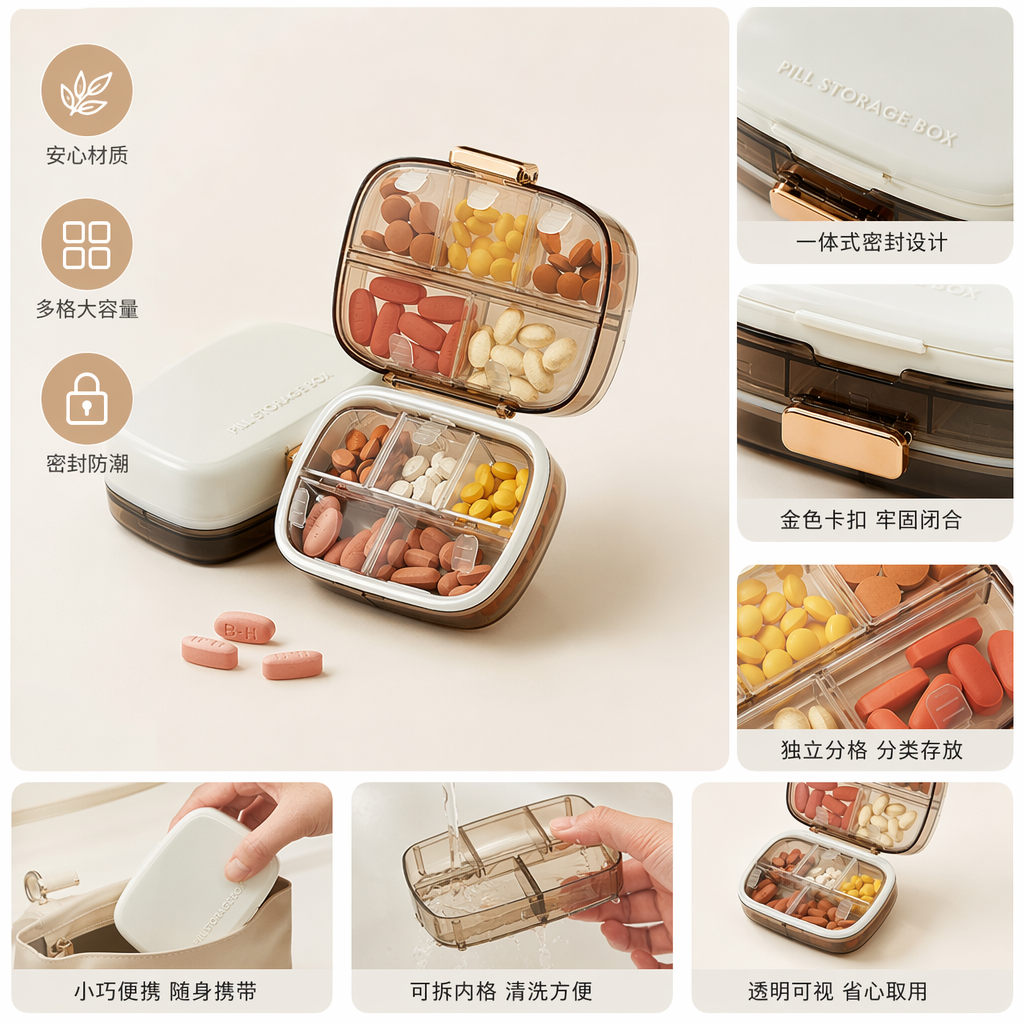 The white portable medicine box is transparent and divided into compartments, containing colored tablets. When the lid is opened by hand, it opens independently and is sealed to prevent moisture